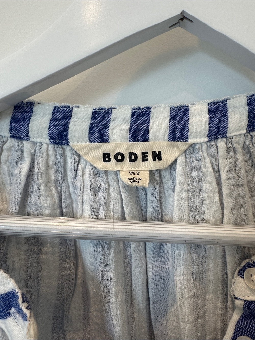 Boden Navy and White Vertical Stripe Peasant Blouse - size 8 - Picture 2 of 3